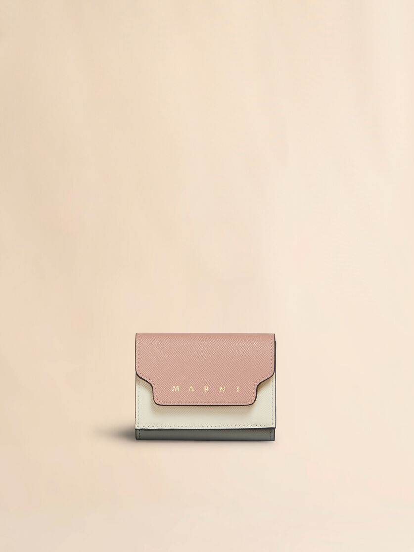 Portafoglio tri-fold in pelle saffiano blu, beige e azzurra - Portafogli - Image 1