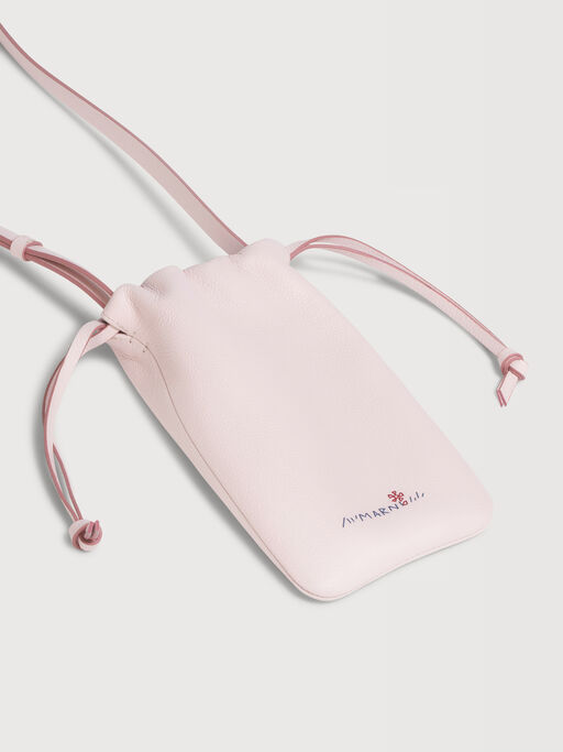 ピンク レザー製ドローストリング付きスマホホルダー、マルニメンディング入り - ウォレット＆レザー小物