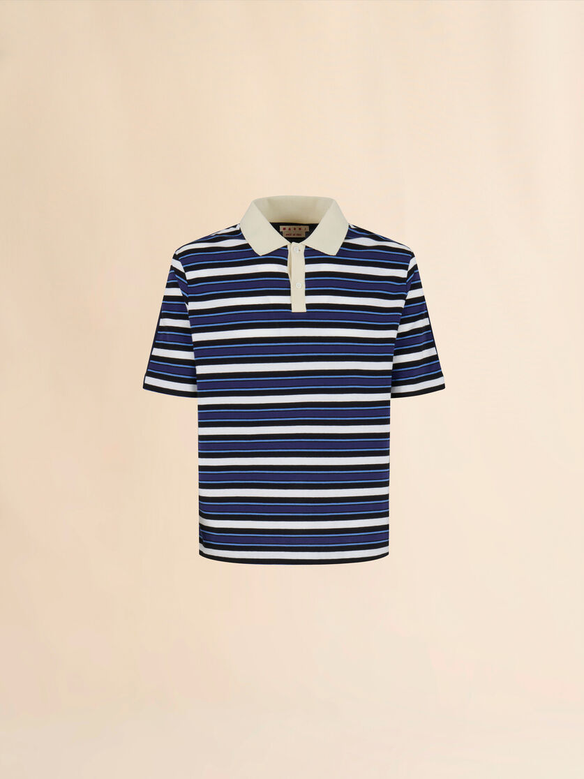 Polo in cotone biologico blu a righe e retro a contrasto - Camicie - Image 1