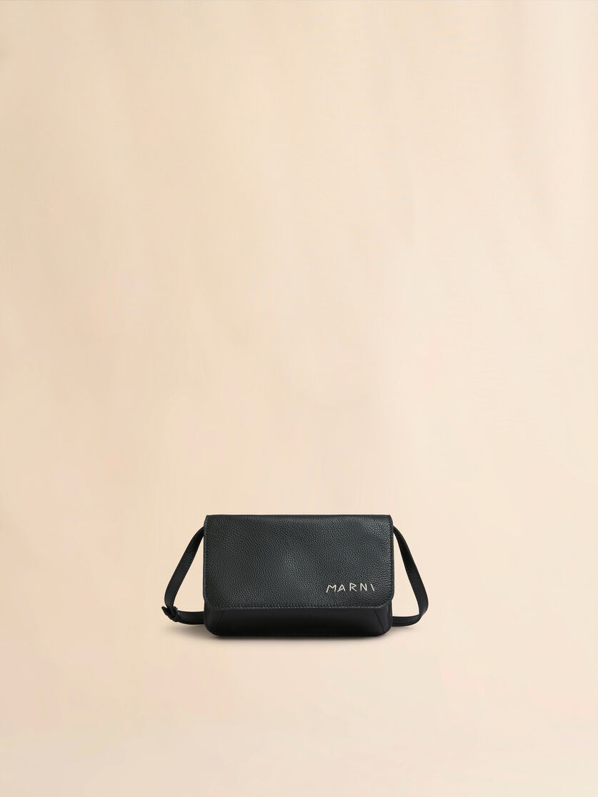 Black leather shoulder bag with Marni Mending embroidery - Pochettes - Image 1