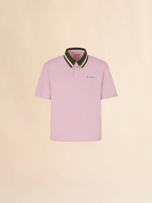 Pink piqué polo shirt with striped collar - Shirts