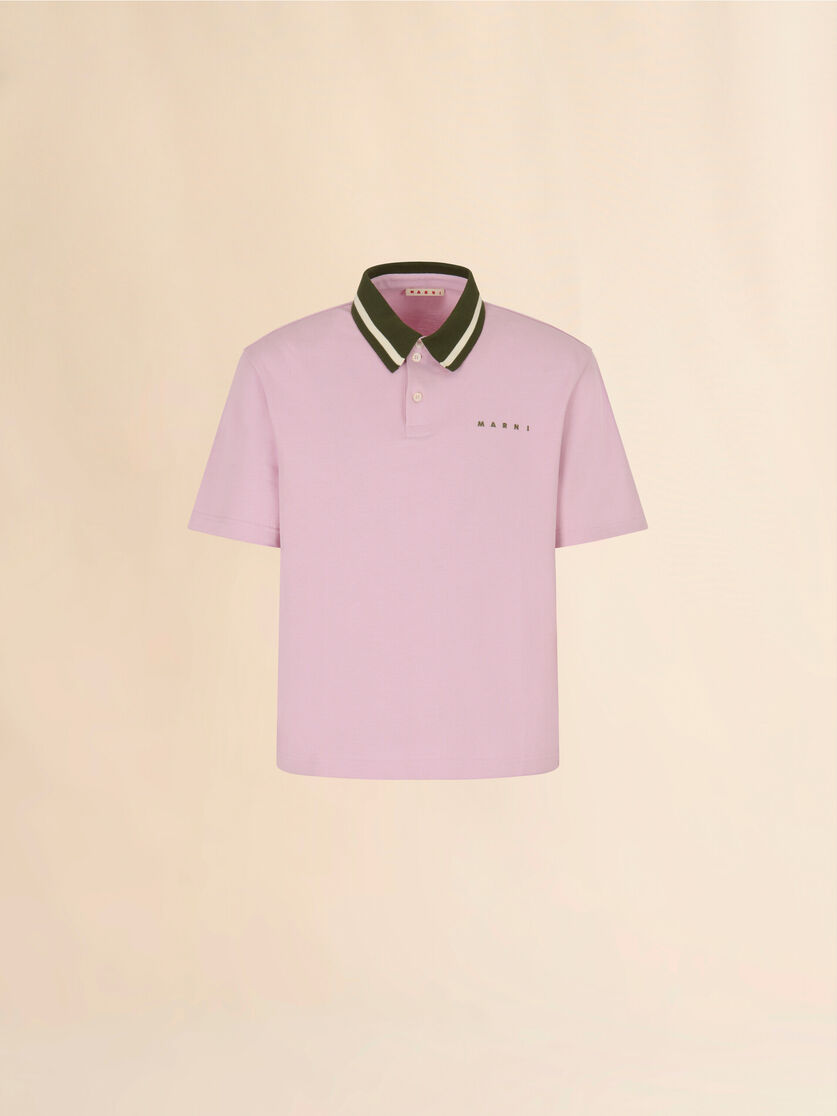 Pink piqué polo shirt with striped collar, Image 1
