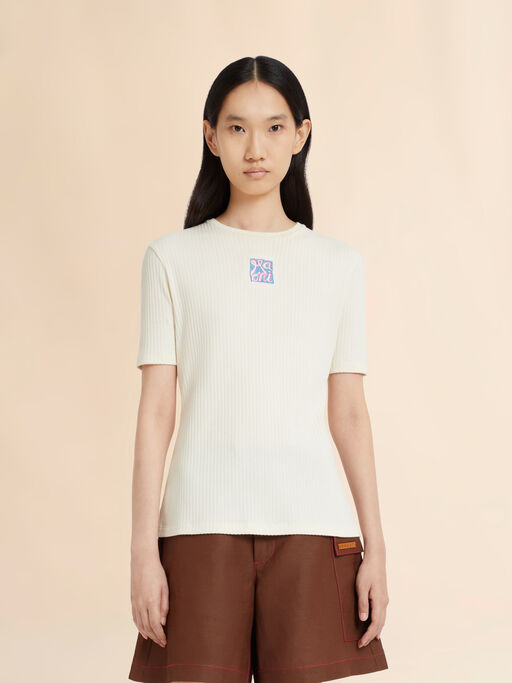 Marni Frameロゴ クリーム リブ編みコットンTシャツ - Tシャツ