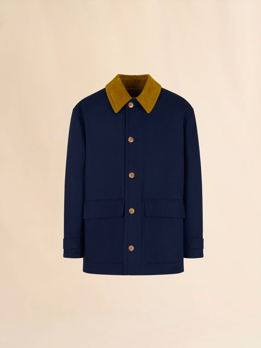 Blue organic gabardine parka with corduroy collar - Coats - Image 1