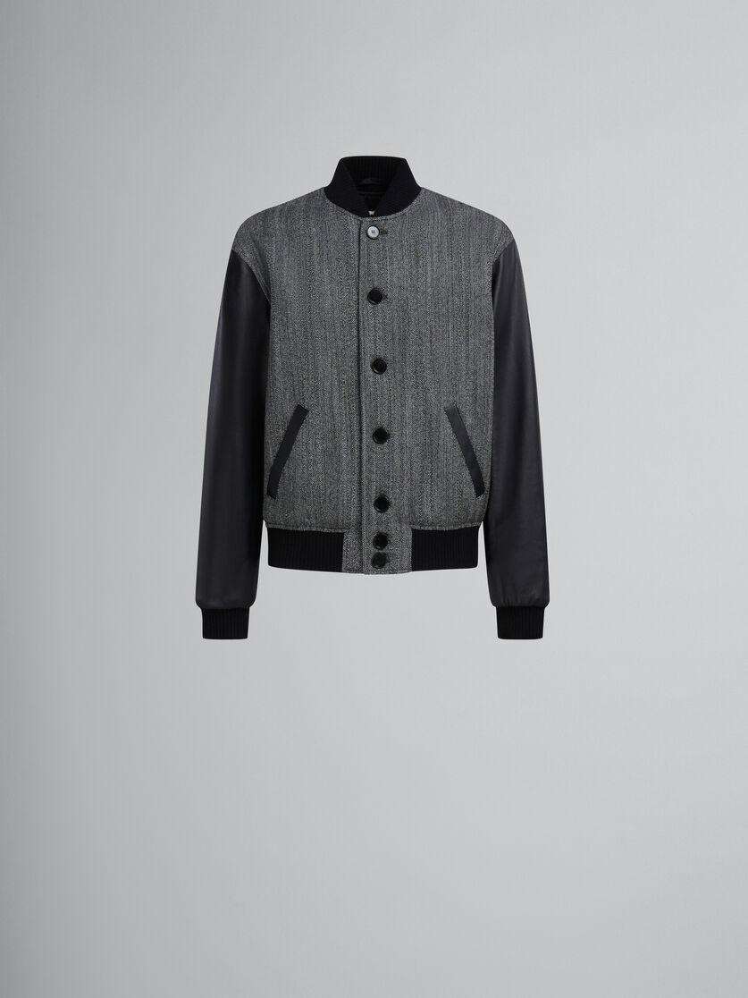 ブラック ヘリンボーンウール製ジャケット、レザー製の袖 - ジャケット - Image 1