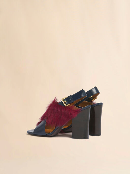 Blue and burgundy leather and long-hair heeled criss-cross sandal - Sandals