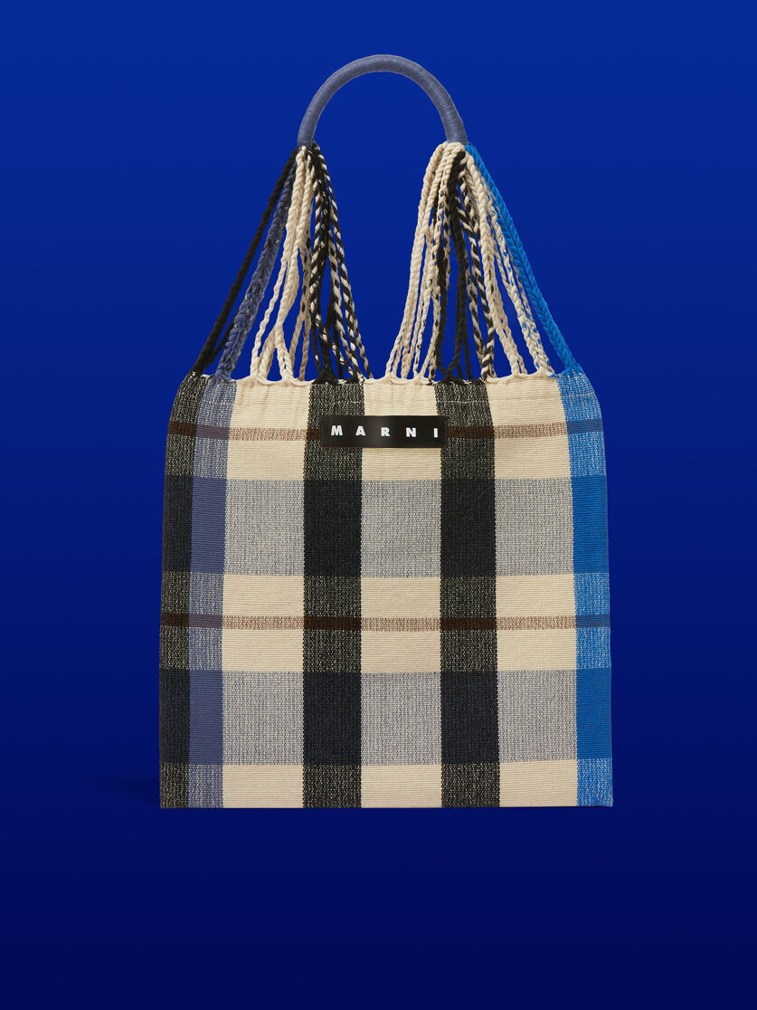 Blue checked MARNI MARKET HAMMOCK crochet bag - Shopping Bags - Image 1