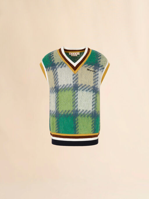 Green checked mohair vest with striped trims - Pullovers