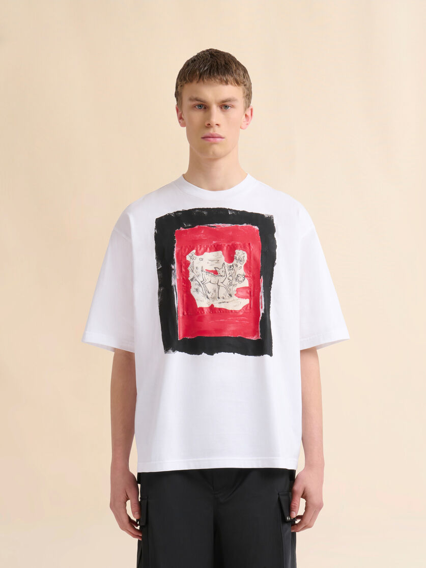 White cotton T-shirt with fawn print - Shirts - Image 2