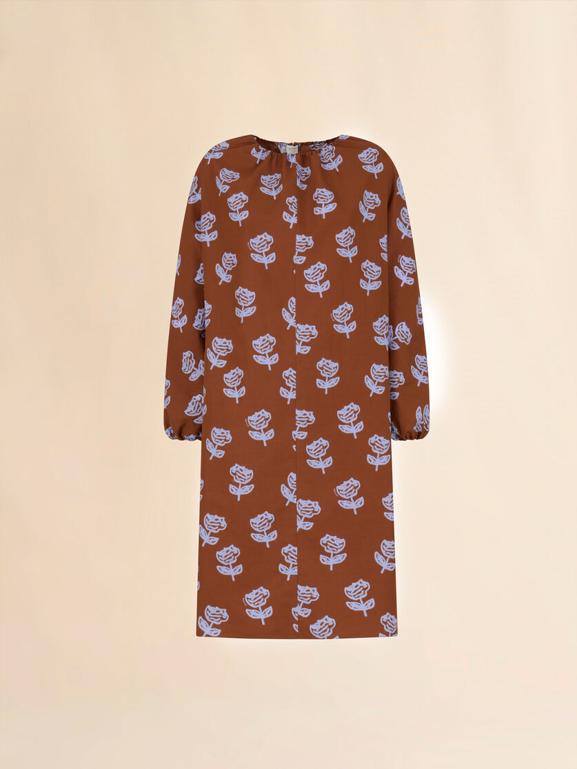 Brown poplin midi dress with Sprayed Roses print - Dresses - Image 1