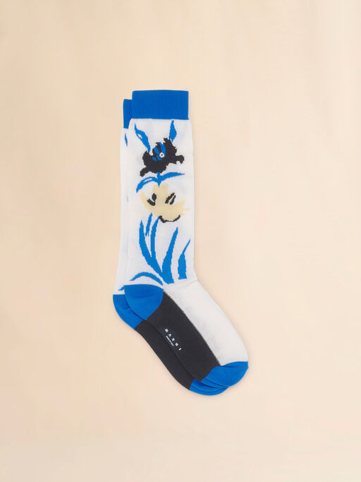White cotton-nylon socks with flower intarsia - Socks