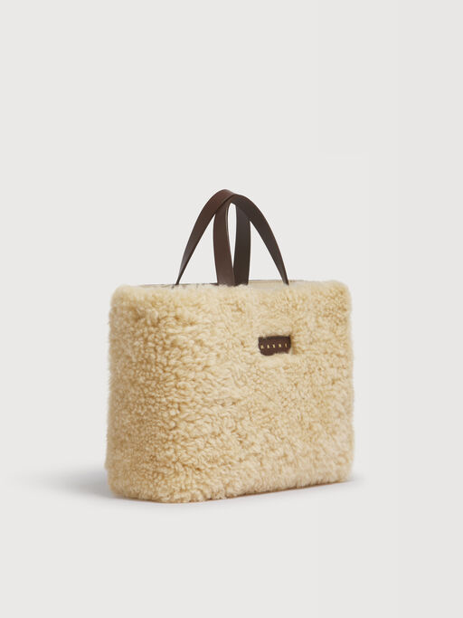 クリーム ムートン＆ブラウン レザー Museo Soft E/W バッグ - ショッピングバッグ