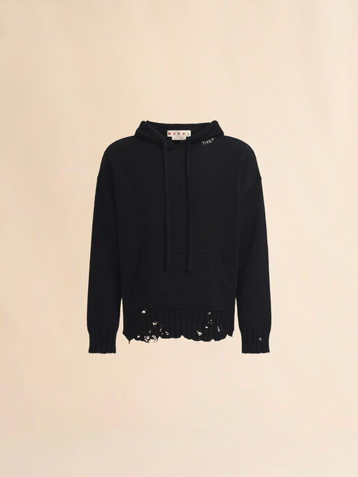 Black dishevelled cotton hoodie with Marni Symbol embroidery - Pullovers