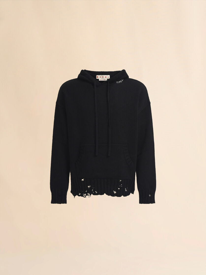 Black dishevelled cotton hoodie with Marni Symbol embroidery - Pullovers - Image 1