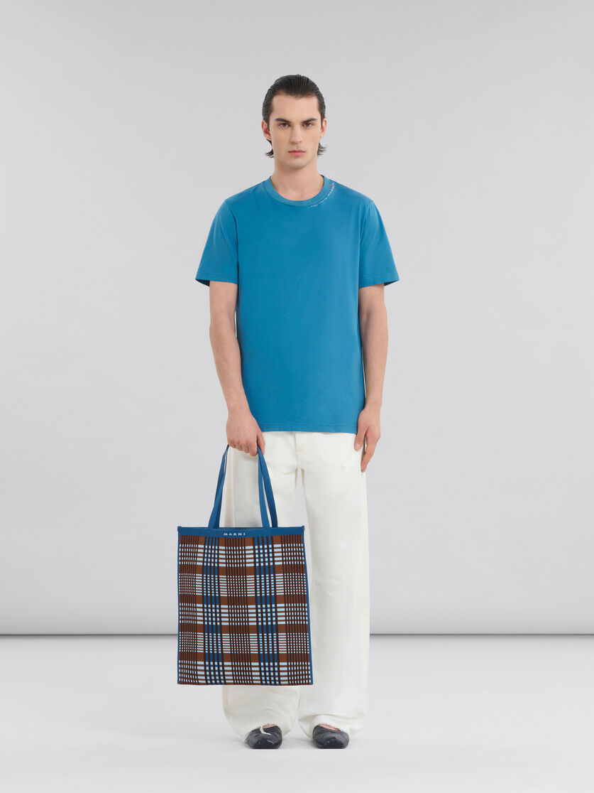Blau-braun karierte, flache Tote Bag aus Jacquard | Marni