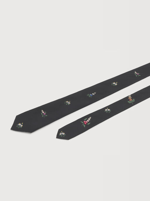 Black habotai silk tie with Spare Flowers print - Ties