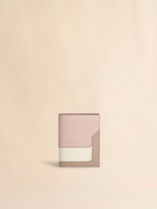 Pink, white and beige saffiano leather bi-fold wallet - Wallets