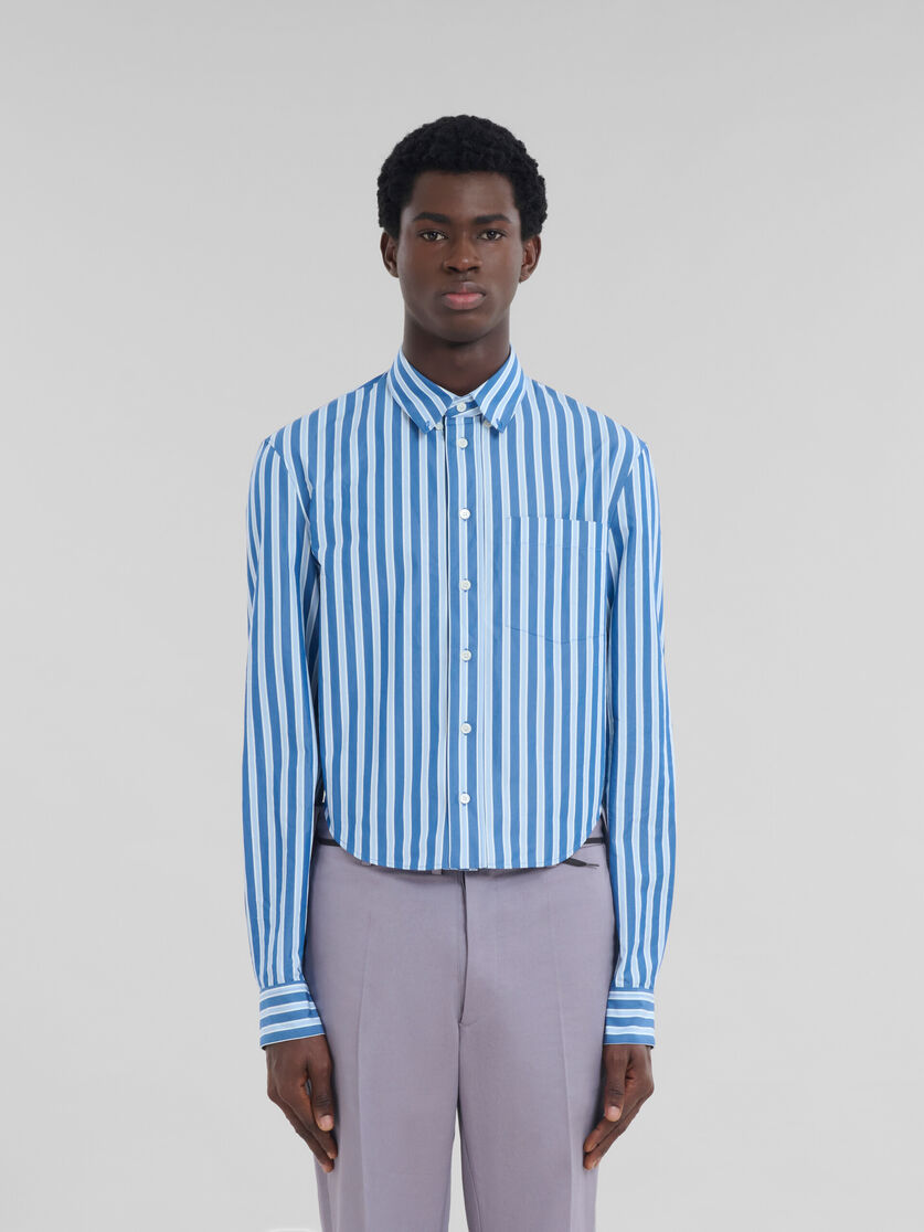 Blue striped organic poplin shirt with cropped hem - Shirts - Image 2