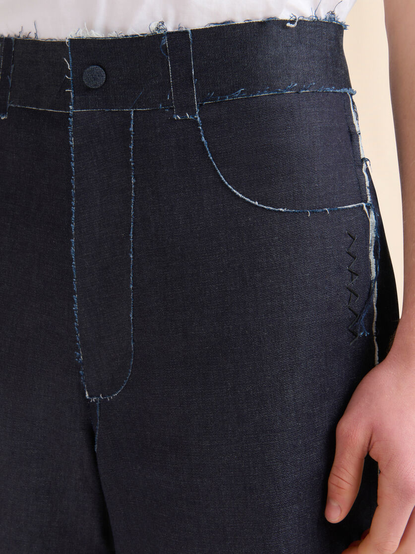 Deep blue stretch denim trompe l'oeil Bermuda shorts - Pants - Image 4