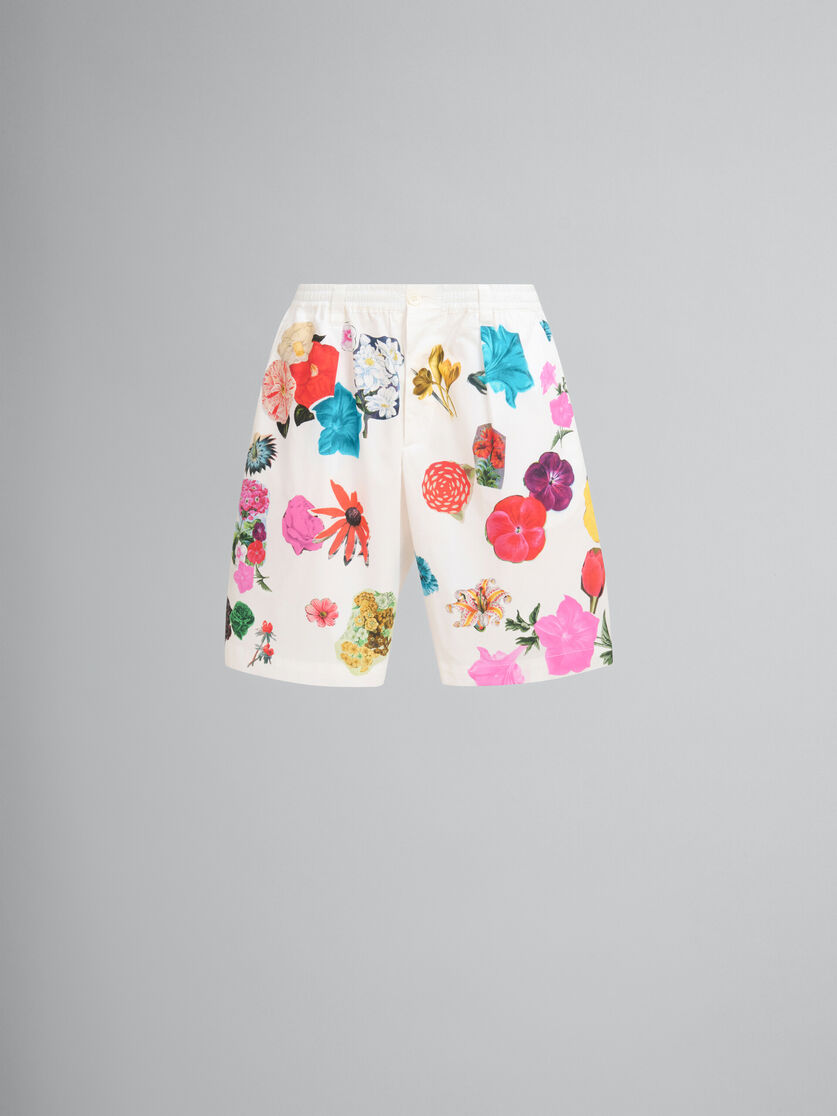White Bermuda shorts with flower prints - Pants - Image 1