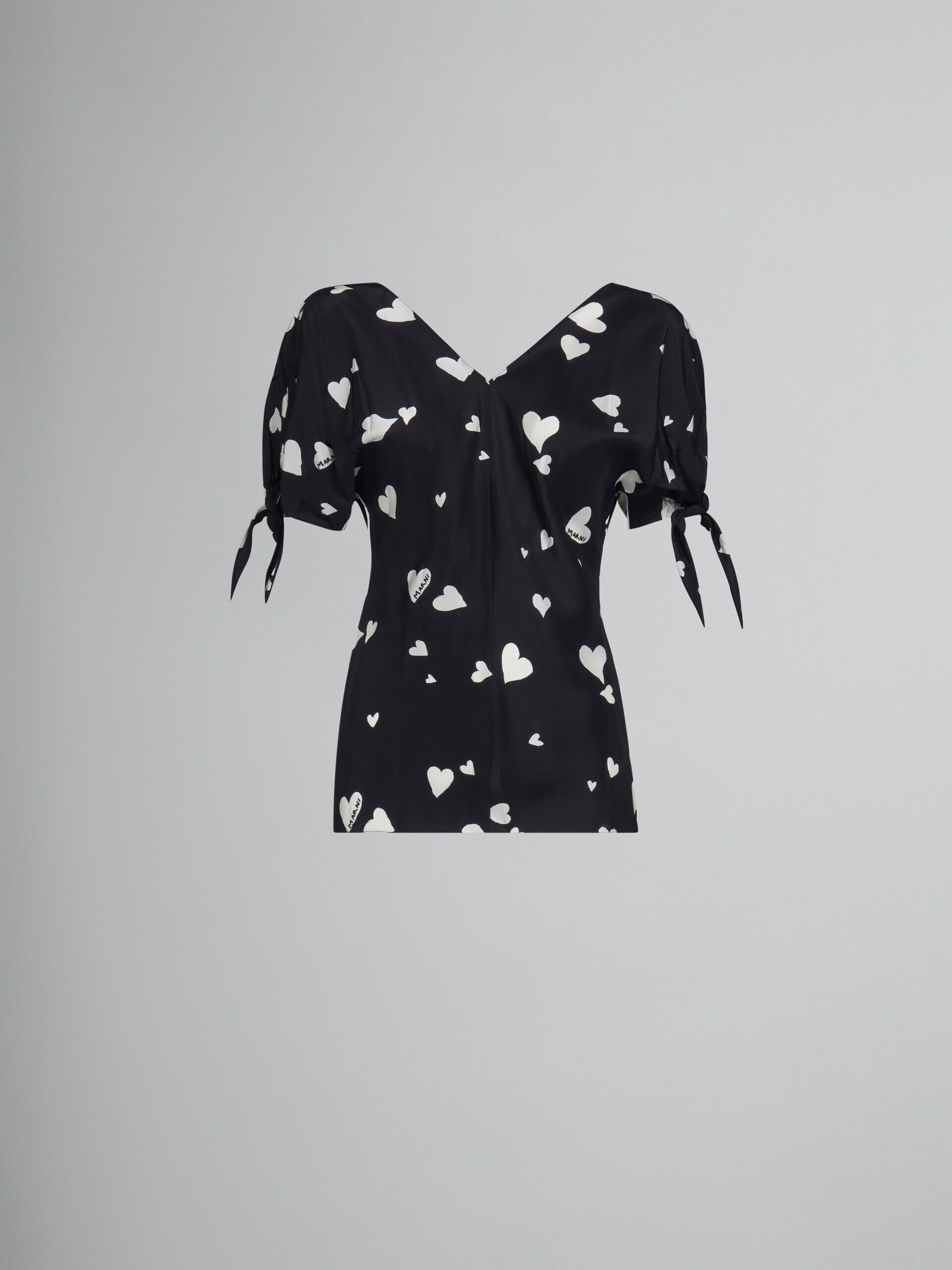 Black silk bow-sleeve top with Bunch of Hearts print | Marni