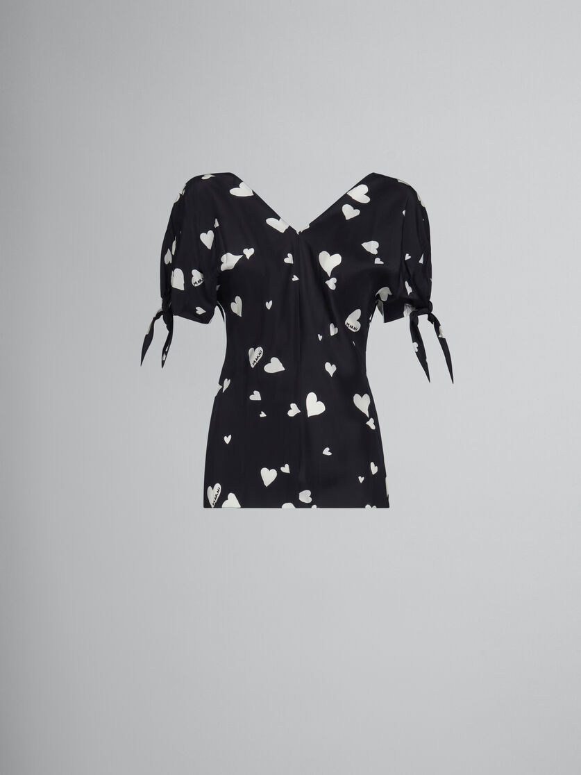 Black silk bow-sleeve top with Bunch of Hearts print - Shirts - Image 1