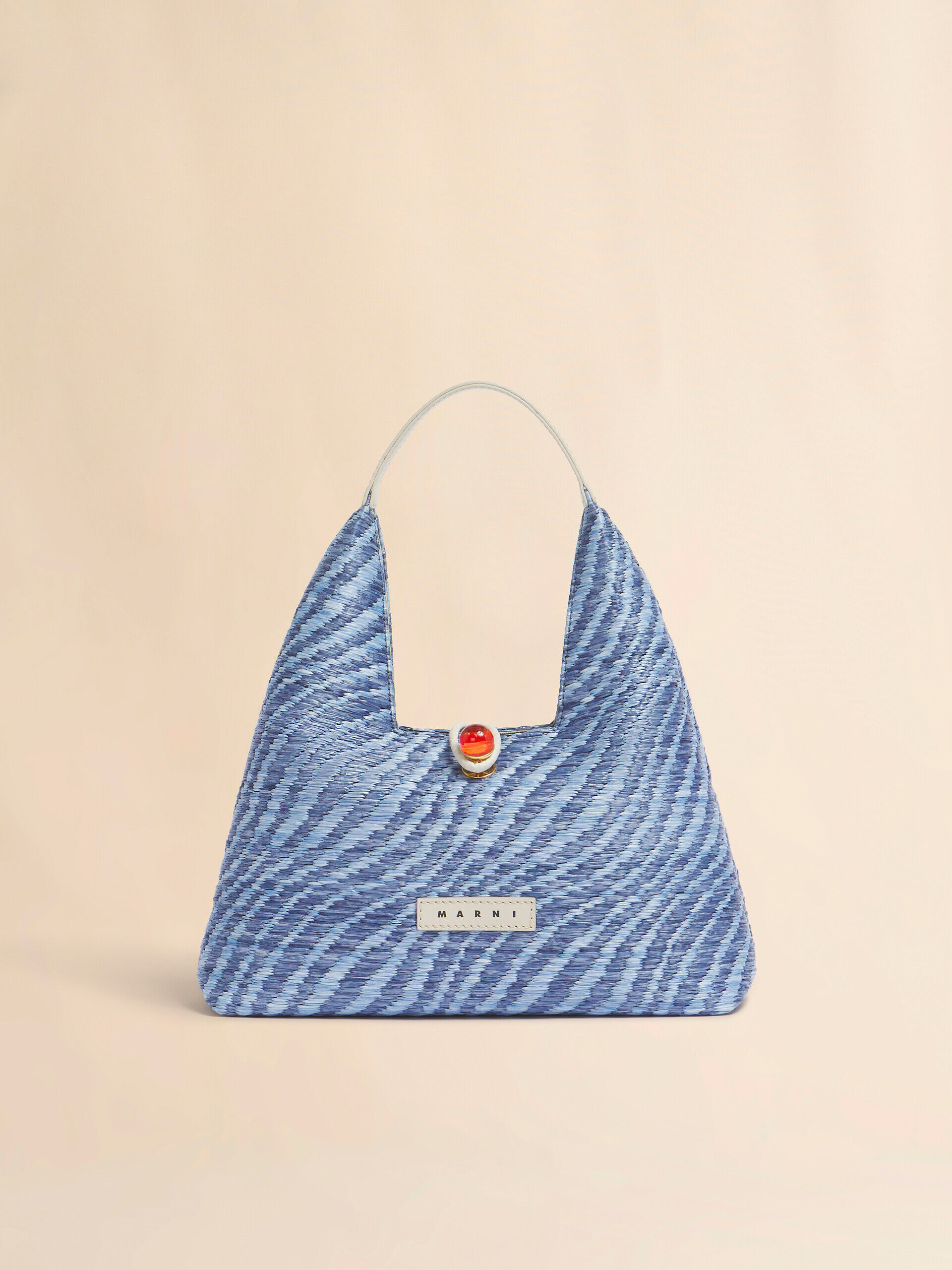 ブルー 波模様のラフィアエフェクト Trapeze ミニトップハンドルバッグ