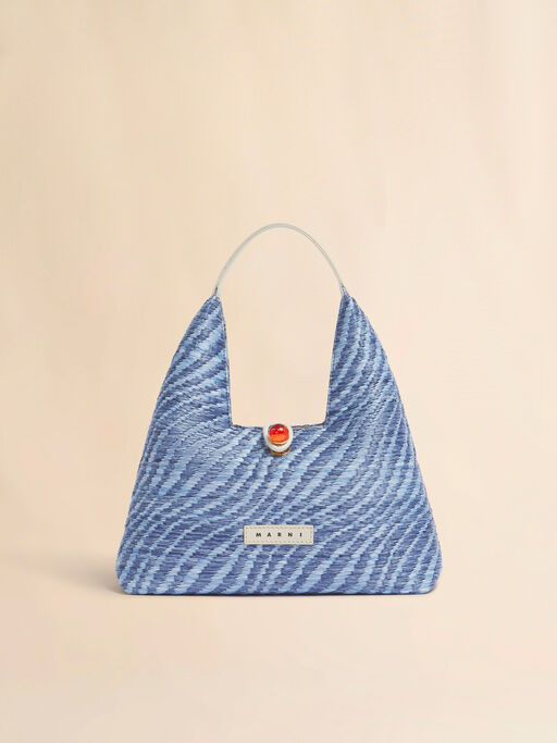 ブルー 波模様のラフィアエフェクト Trapeze ミニトップハンドルバッグ - ハンドバッグ