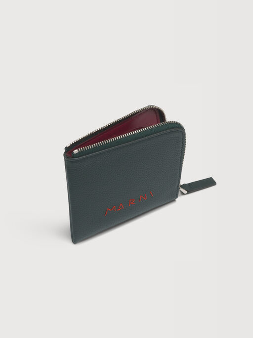Deep green leather zip-around wallet with Marni Mending embroidery - Wallets