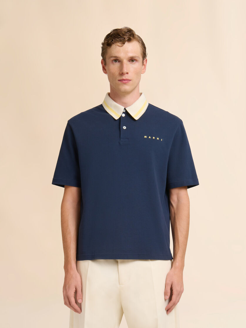 Deep blue piqué polo shirt with striped collar, Image 2