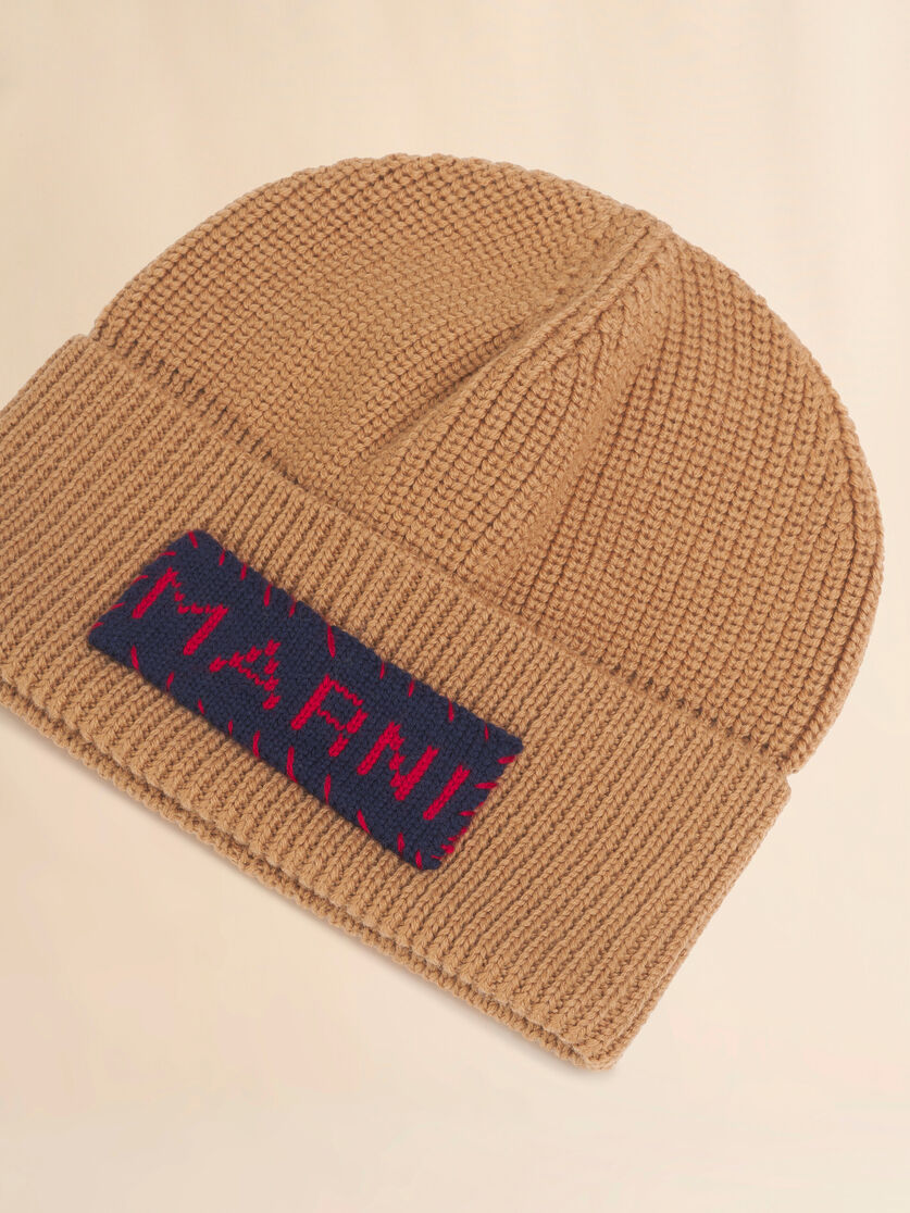 Tan wool fisherman's rib beanie with Marni patch, Image 4