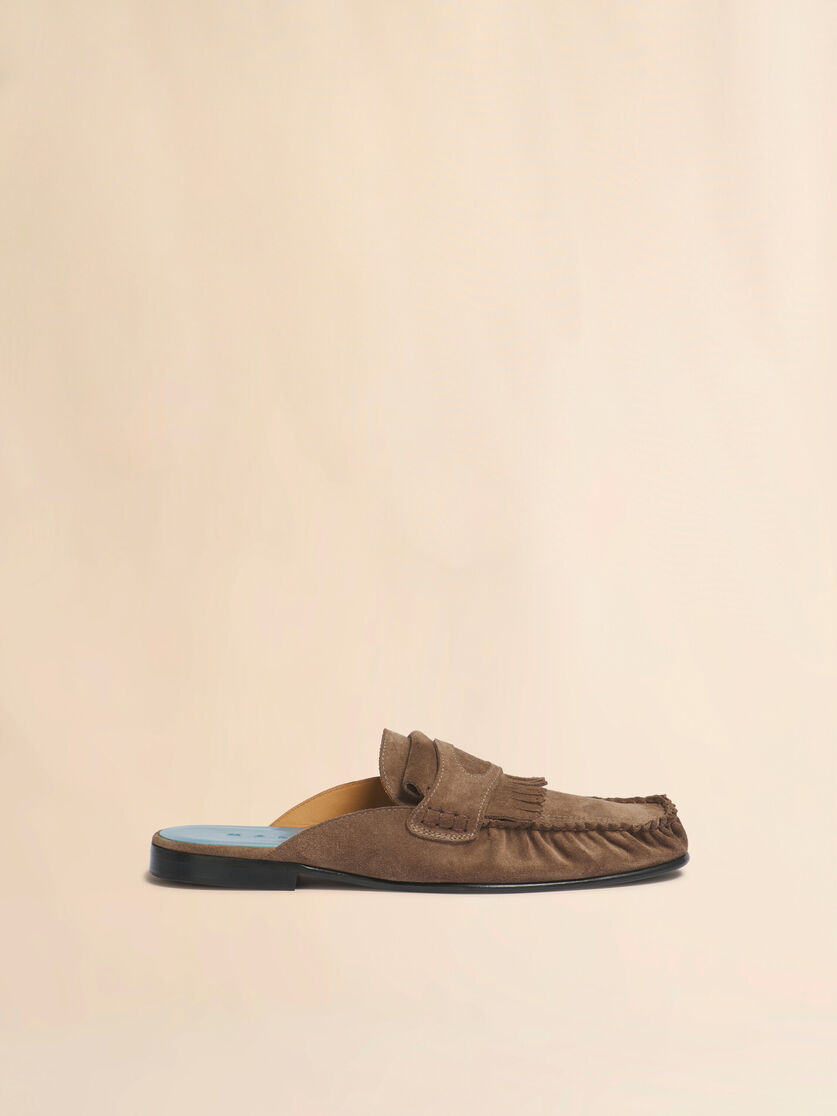 ブラウン フリンジトリム付きスエードサボ, Image 1