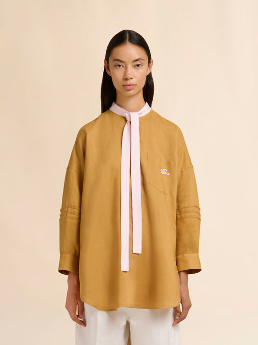 イエロー オーガンジーラミー タイネック付きシャツ - シャツ