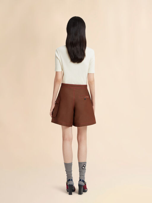 Brown viscose-ramie flared shorts with cargo pocket - Pants