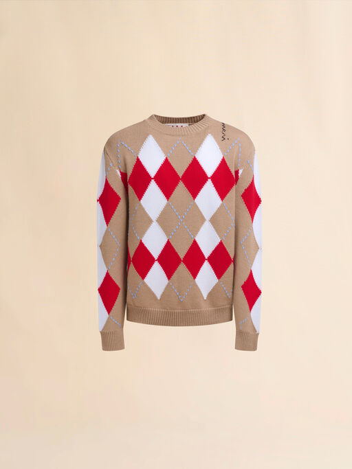 Beige crew neck wool jumper with Argyle motif - Pullovers