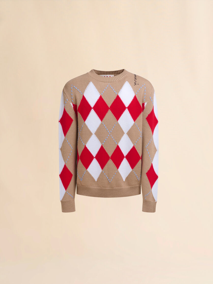Beige crew neck wool jumper with Argyle motif - Pullovers - Image 1