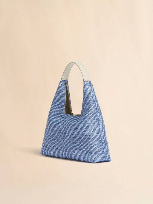 ブルー 波模様のラフィアエフェクト Trapeze ミニトップハンドルバッグ - ハンドバッグ