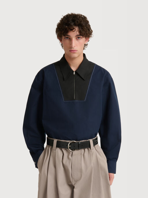 Deep blue poplin shirt with zip bib - Shirts