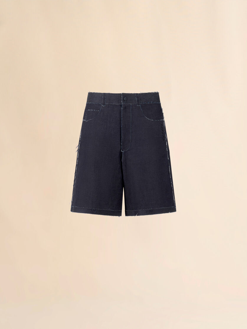 Deep blue stretch denim trompe l'oeil Bermuda shorts - Pants - Image 1