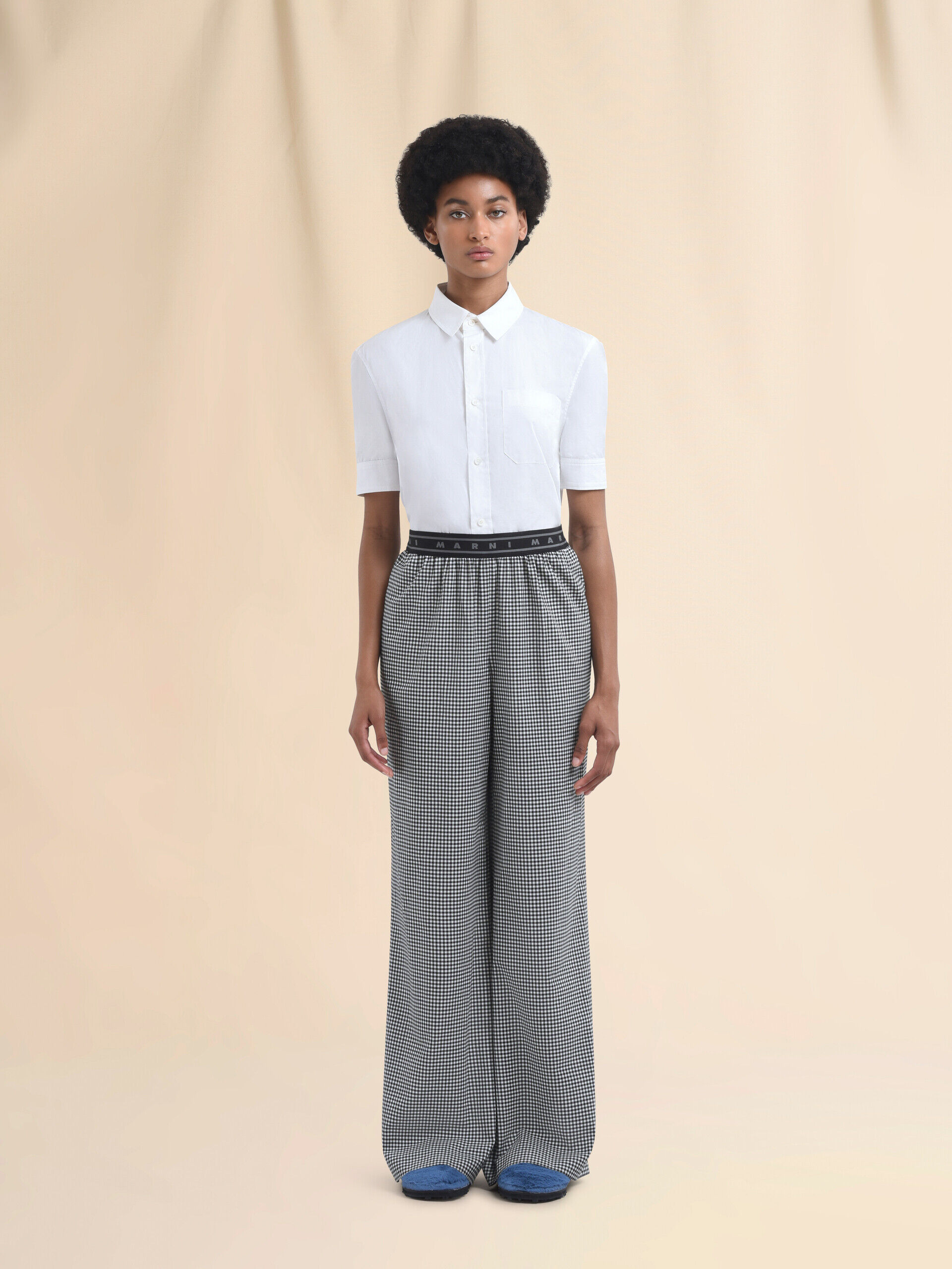 Wool blend black and white check palazzo trousers | Marni