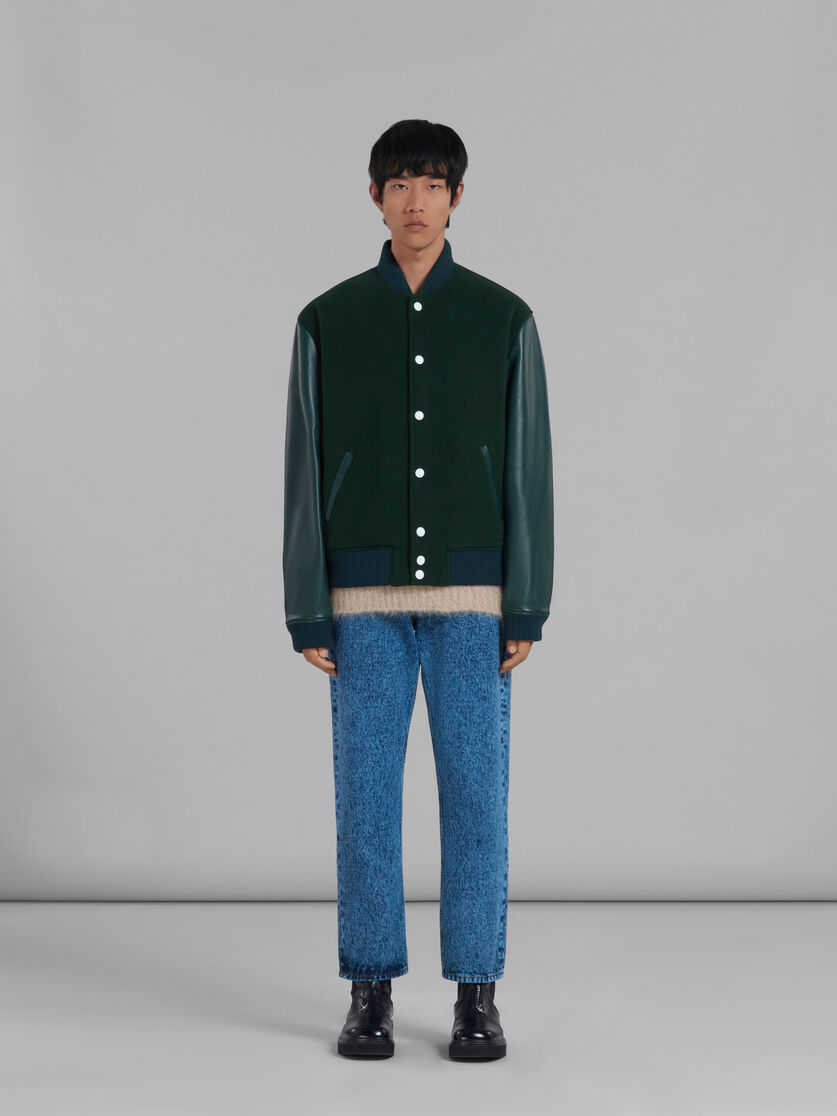 Green wool felt bomber with leather sleeves - Jackets - Image 2