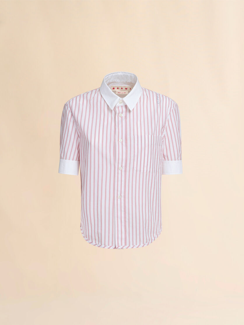 Short sleeved red and white striped cotton poplin shirt - Shirts - Image 1