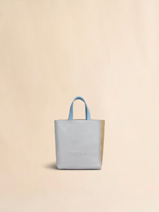 Marni Symbol 자수 디테일 그레이 베이지 블루 가죽 Museo Soft 미니 백 - 쇼핑백