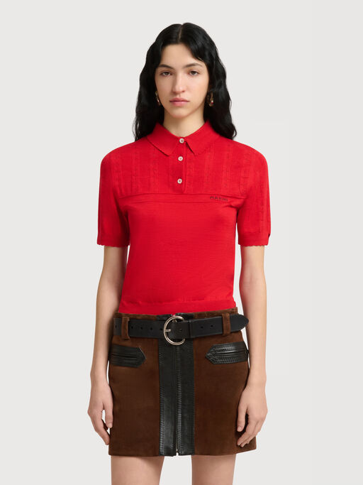 Red wool-silk polo shirt with pointelle detailing - Shirts