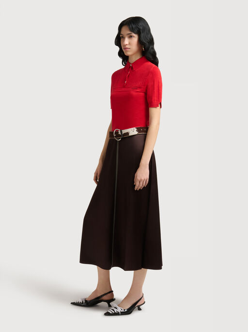 Deep brown satin midi skirt with contrast stitching - Skirts