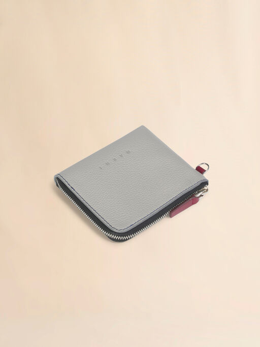 グレー レザー製ラウンドファスナーウォレット、コントラストステッチ入り - 財布