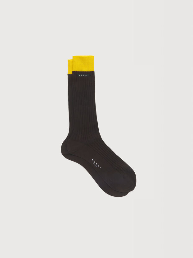 Calzini in cotone marrone con bordo a contrasto - Calze