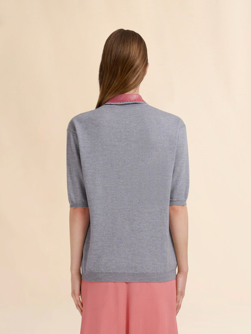 Grey wool polo shirt with velvet collar - Shirts - Image 3