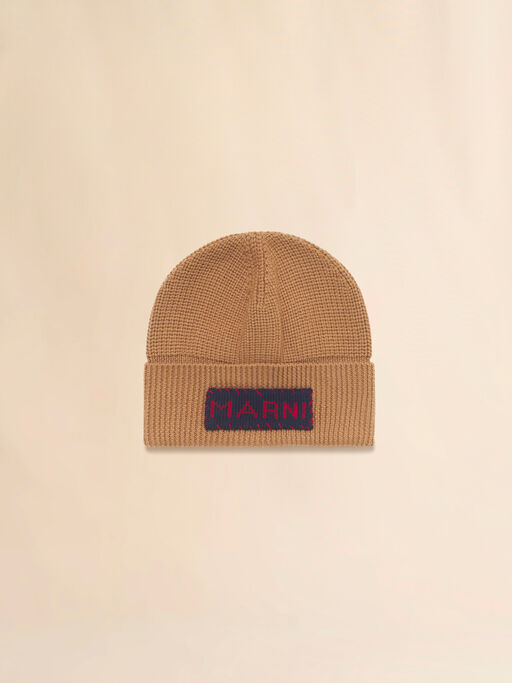 Tan wool fisherman's rib beanie with Marni patch - Hats