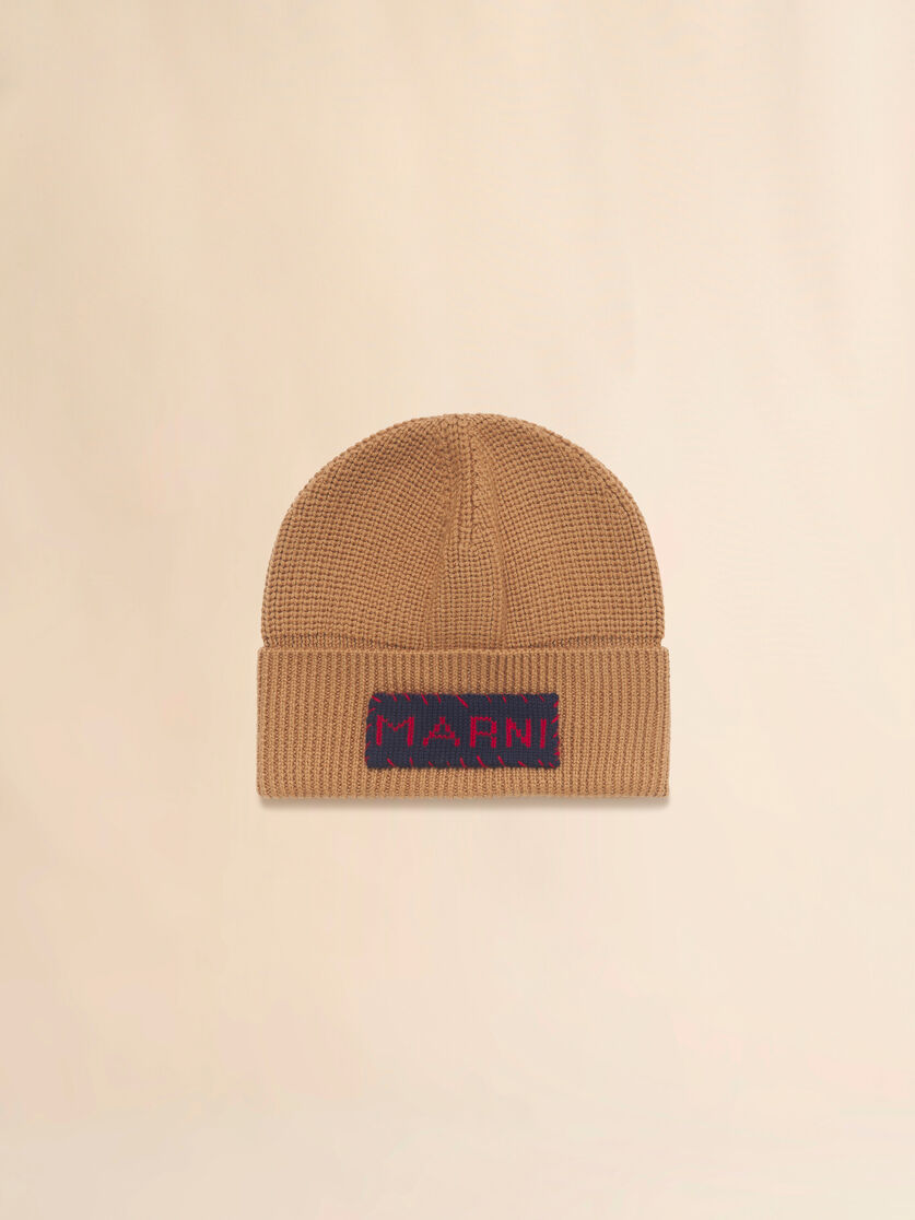 Tan wool fisherman's rib beanie with Marni patch, Image 1